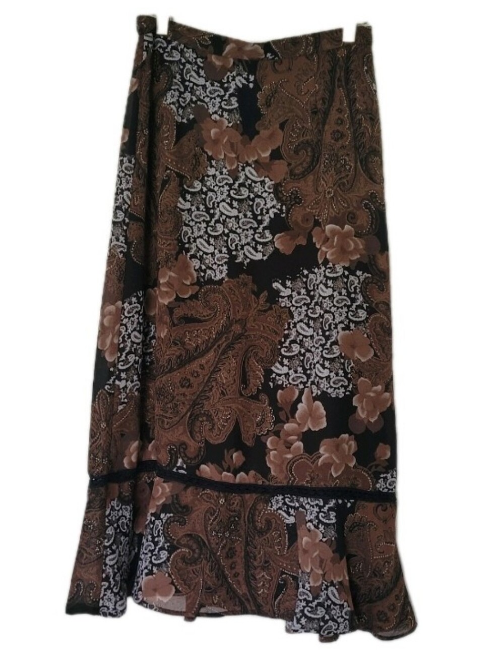 Vintage 90s Paisley Maxi Skirt Floral Boho Crochet Detail Ruffle Hem Sz 4 Petite